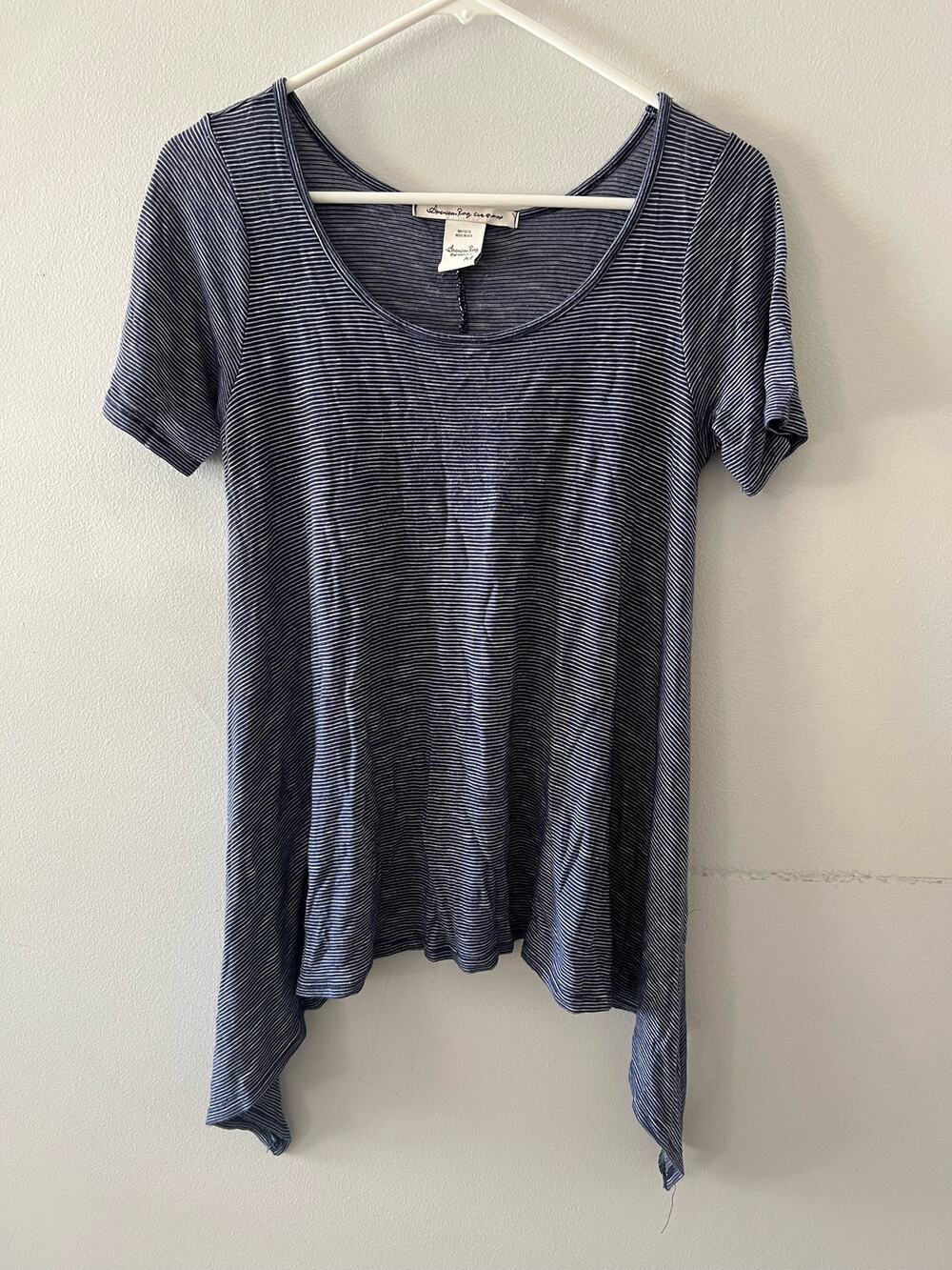 American Rag Top Women's Medium Blue Striped Flowy Handkerchief Hemline